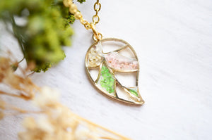 Real Pressed Flowers in Resin, Gold Necklace, Palm Leaf in Green White Light Pink