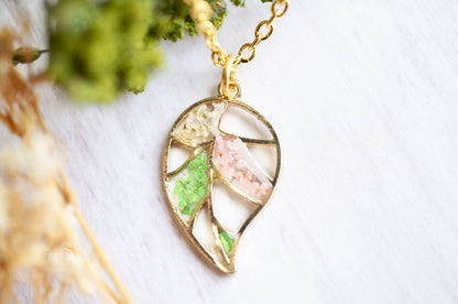 Real Pressed Flowers in Resin, Gold Necklace, Palm Leaf in Green White Light Pink