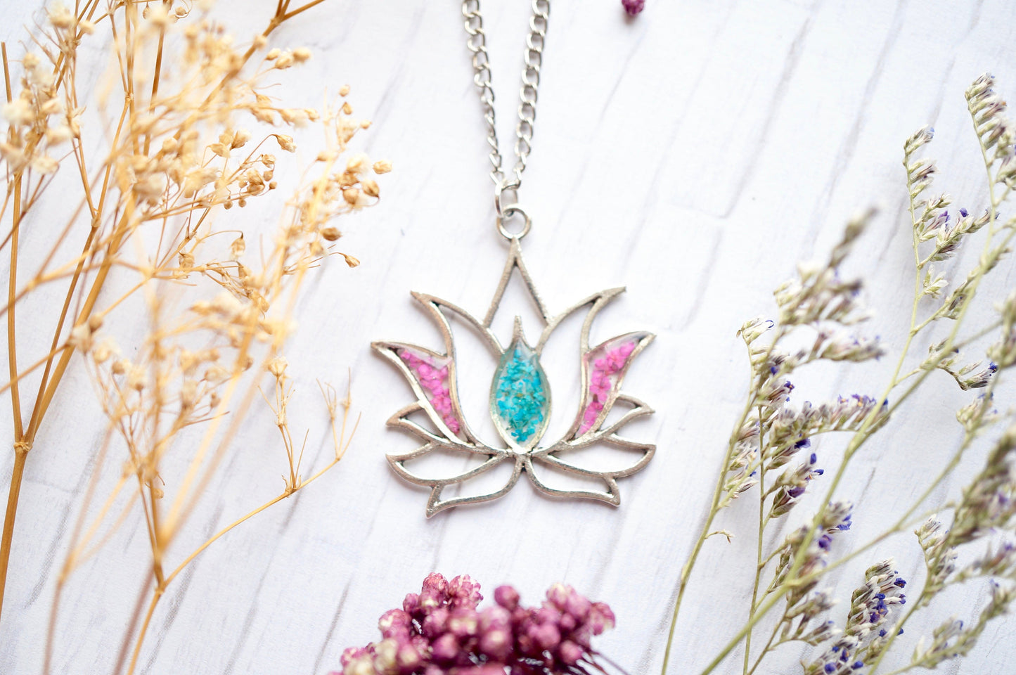 Real Pressed Flowers in Resin, Silver Lotus Necklace in Pink and Teal