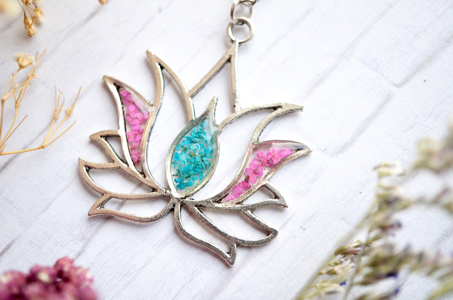 Real Pressed Flowers in Resin, Silver Lotus Necklace in Pink and Teal