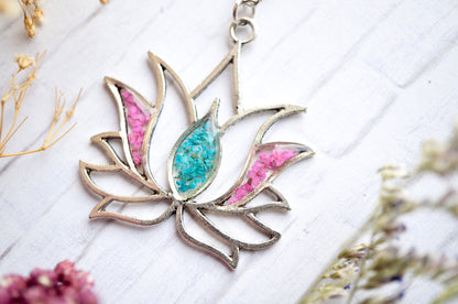 Real Pressed Flowers in Resin, Silver Lotus Necklace in Pink and Teal