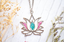 Real Pressed Flowers in Resin, Silver Lotus Necklace in Pink and Teal