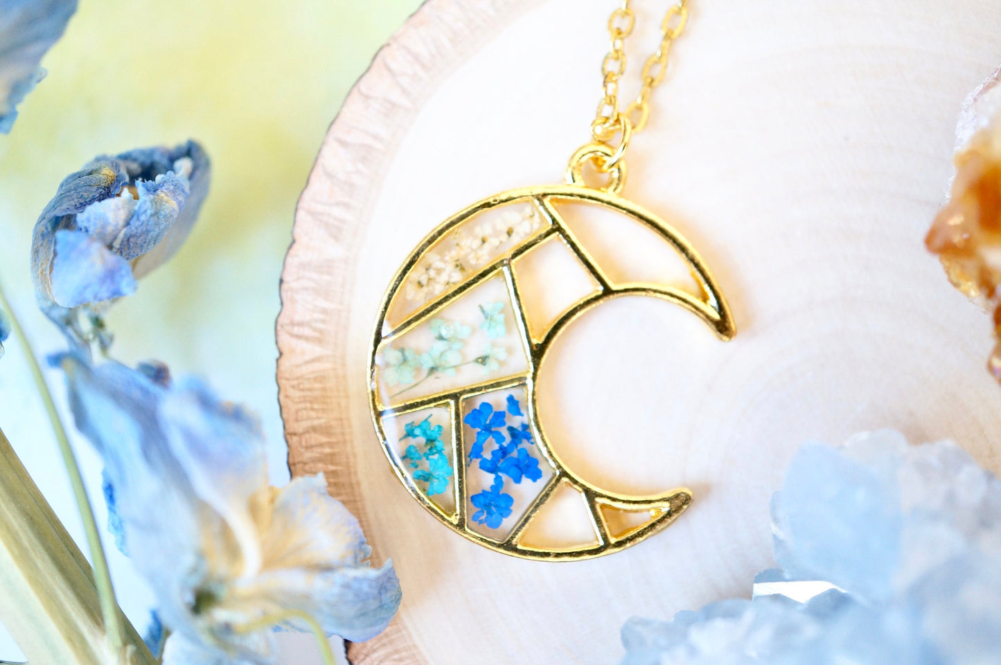 Real Pressed Flowers and Resin Necklace, Celestial Gold Moon Necklace in Blue Teal Mint White