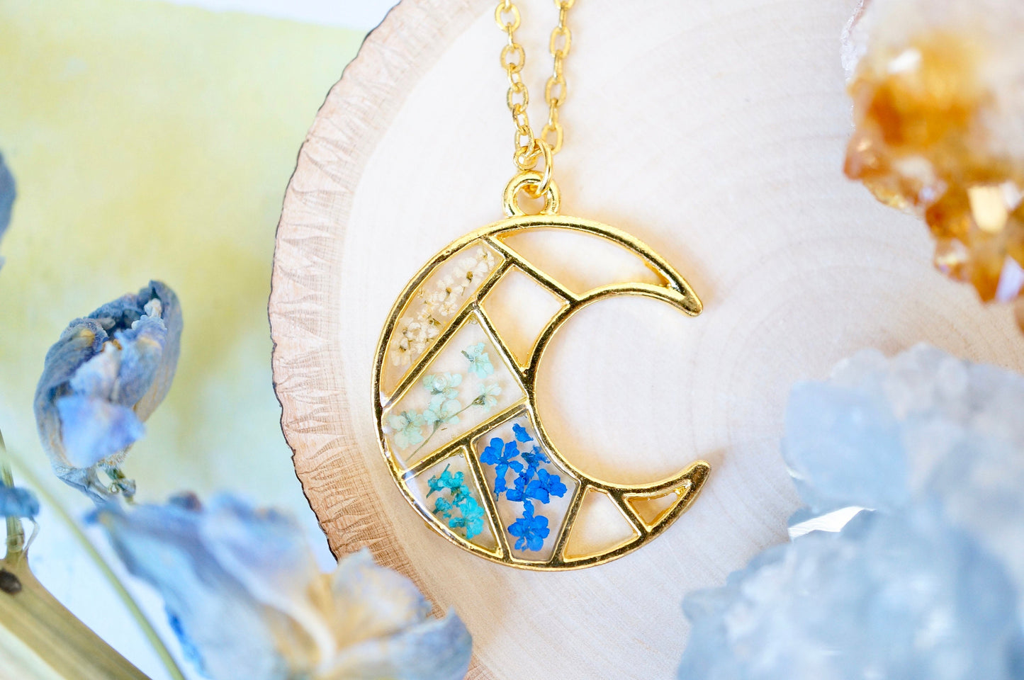 Real Pressed Flowers and Resin Necklace, Celestial Gold Moon Necklace in Blue Teal Mint White