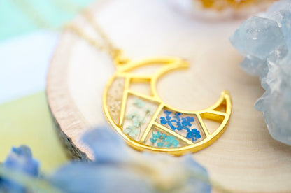 Real Pressed Flowers and Resin Necklace, Celestial Gold Moon Necklace in Blue Teal Mint White