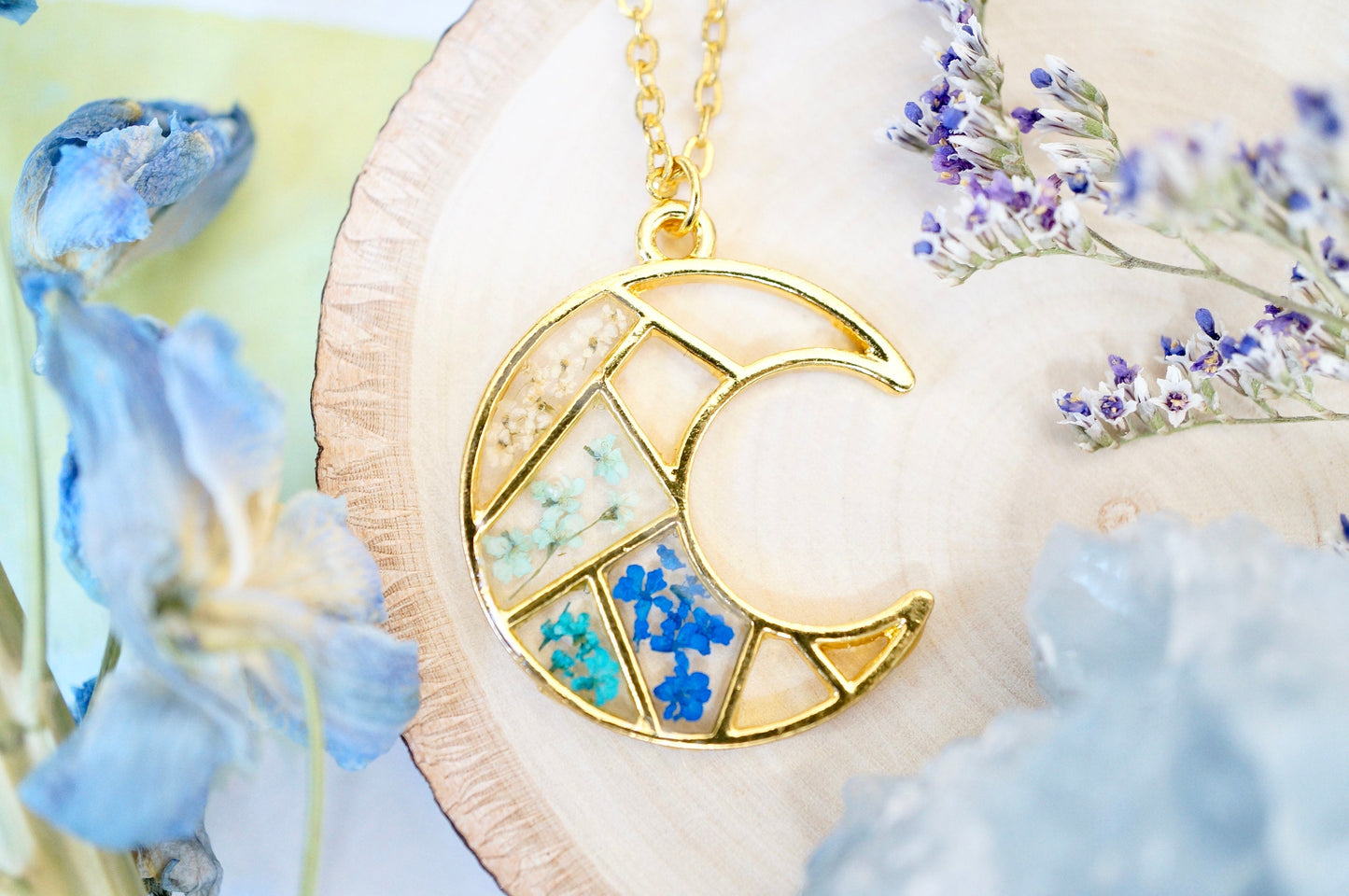 Real Pressed Flowers and Resin Necklace, Celestial Gold Moon Necklace in Blue Teal Mint White