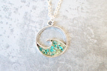 Real Pressed Flowers in Resin, Silver Circle Wave Necklace in Teal and Mint