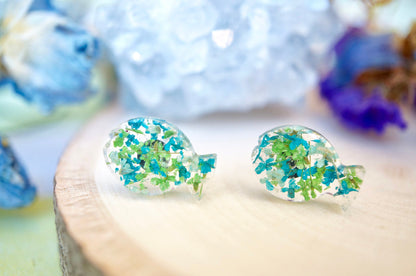 Real Pressed Flowers and Resin Fish Stud Earrings in Green Teal Mint