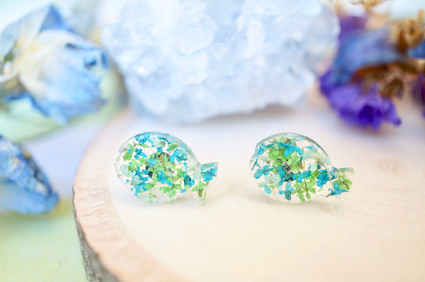 Real Pressed Flowers and Resin Fish Stud Earrings in Green Teal Mint