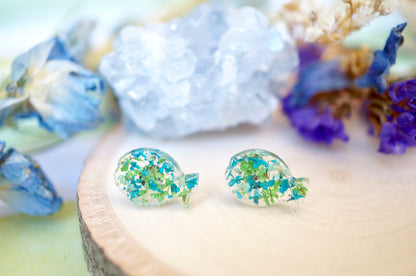 Real Pressed Flowers and Resin Fish Stud Earrings in Green Teal Mint