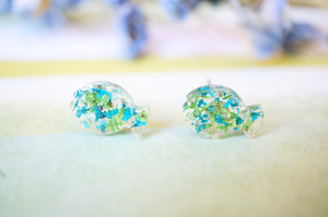 Real Pressed Flowers and Resin Fish Stud Earrings in Green Teal Mint