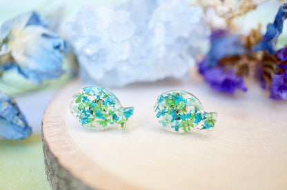 Real Pressed Flowers and Resin Fish Stud Earrings in Green Teal Mint