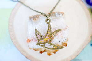 Real Pressed Flowers in Resin, Bronze Bird Necklace in Yellow and Light Pink