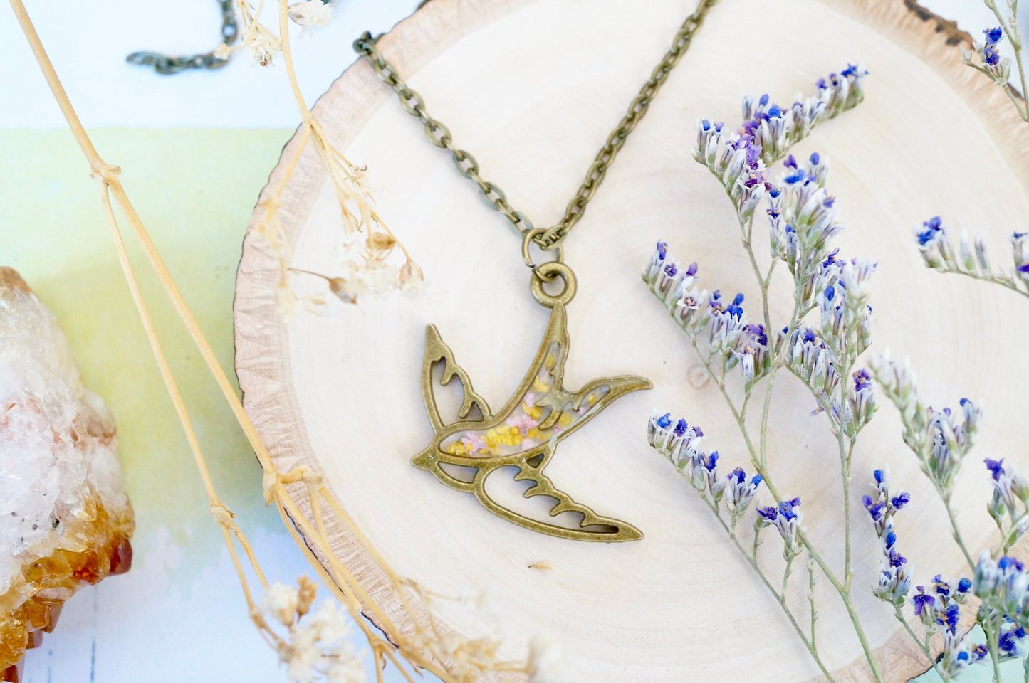 Real Pressed Flowers in Resin, Bronze Bird Necklace in Yellow and Light Pink