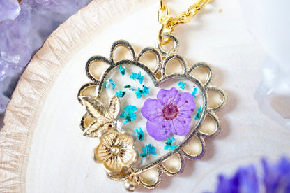 Real Pressed Flowers in Resin, Gold Heart Necklace in Teal and Purple