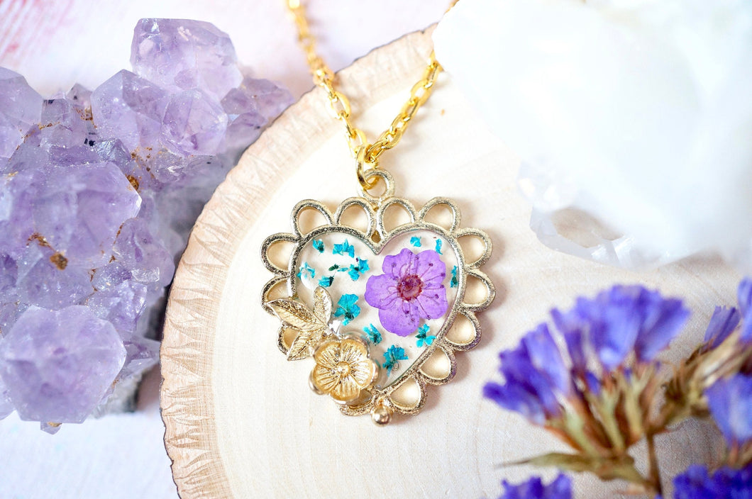 Real Pressed Flowers in Resin, Gold Heart Necklace in Teal and Purple