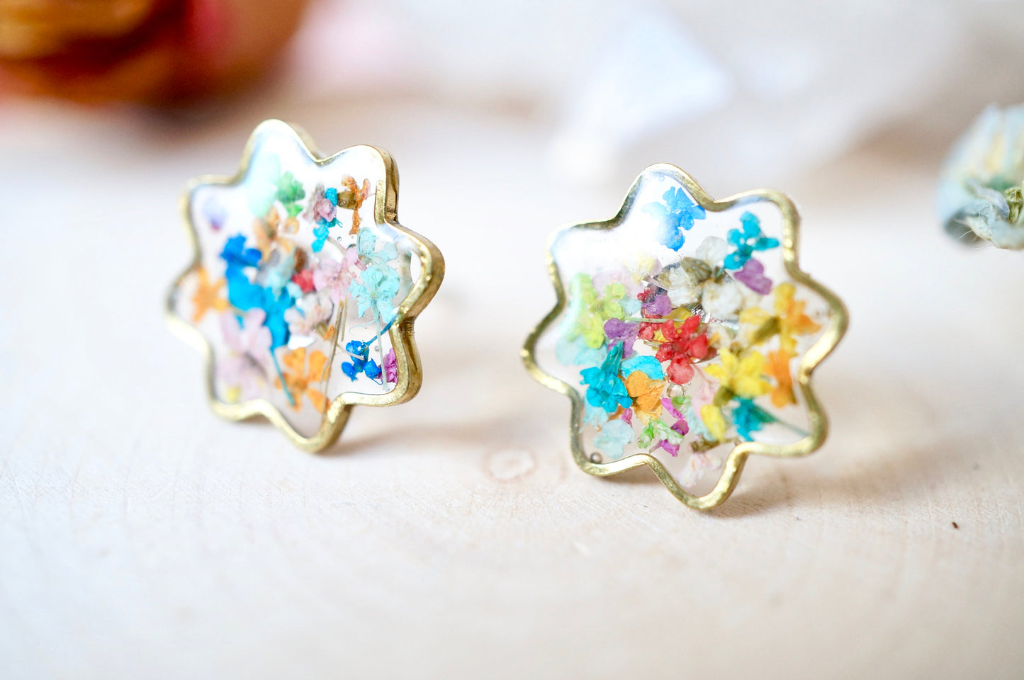 Real Pressed Flowers and Resin Flower Stud Earrings in Party Mix