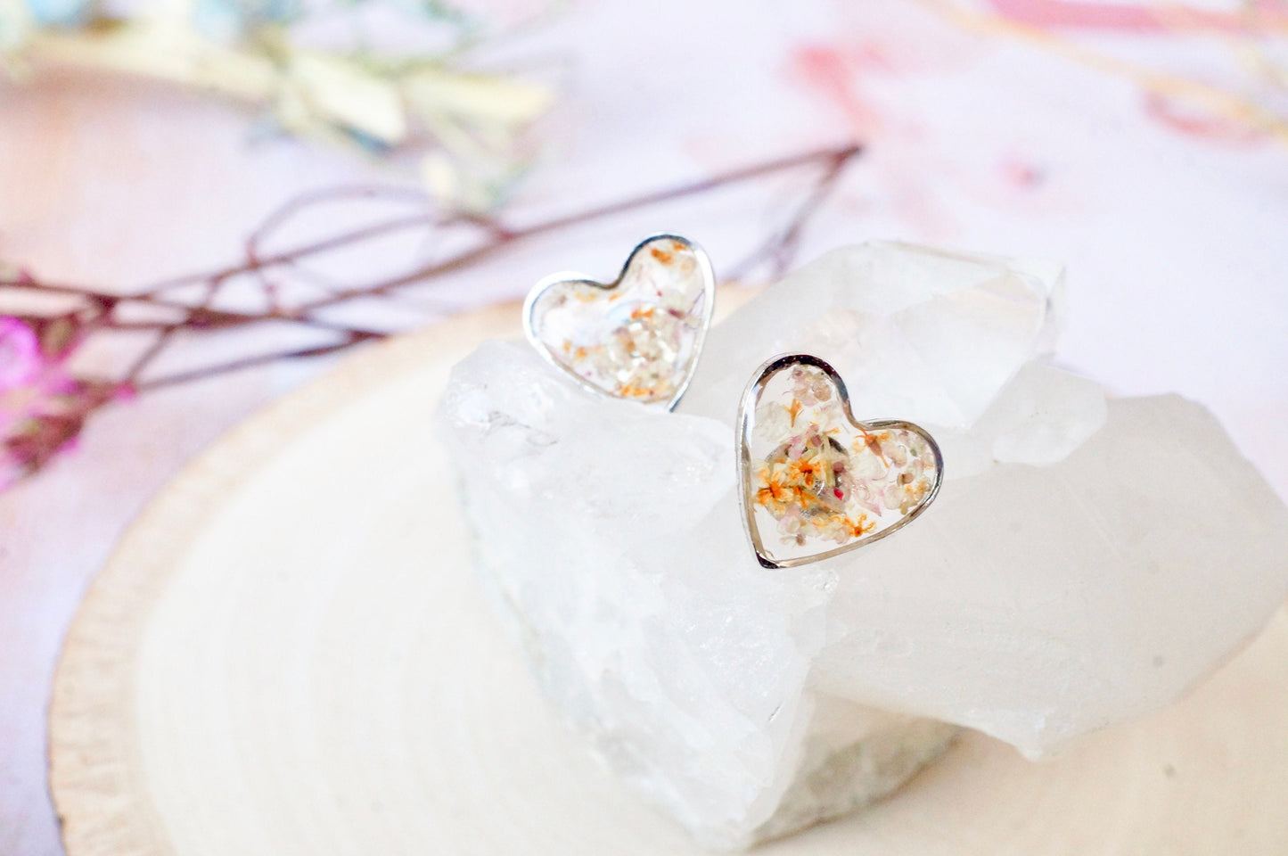 Real Pressed Flowers and Resin Stud Earrings, Silver Hearts in Orange and Pale Lavender