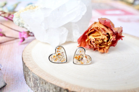 Real Pressed Flowers and Resin Stud Earrings, Silver Hearts in Orange and Pale Lavender