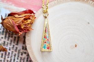 Real Pressed Flowers in Resin, Gold 3D Triangle Necklace in Teal Orange Red, Fall Jewelry, Dried Flowers, Autumn Jewelry