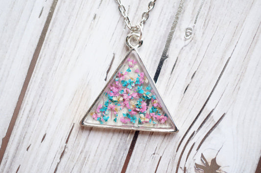 Real Pressed Flowers in Resin, SilverTriangle Necklace in Pink Teal White, Dried Flowers