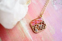Real Pressed Flowers and Resin Gold Necklace, Diamond Crystals in Pink Red