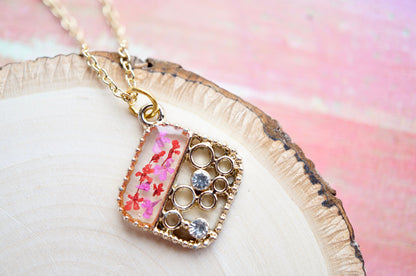 Real Pressed Flowers and Resin Gold Necklace, Diamond Crystals in Pink Red