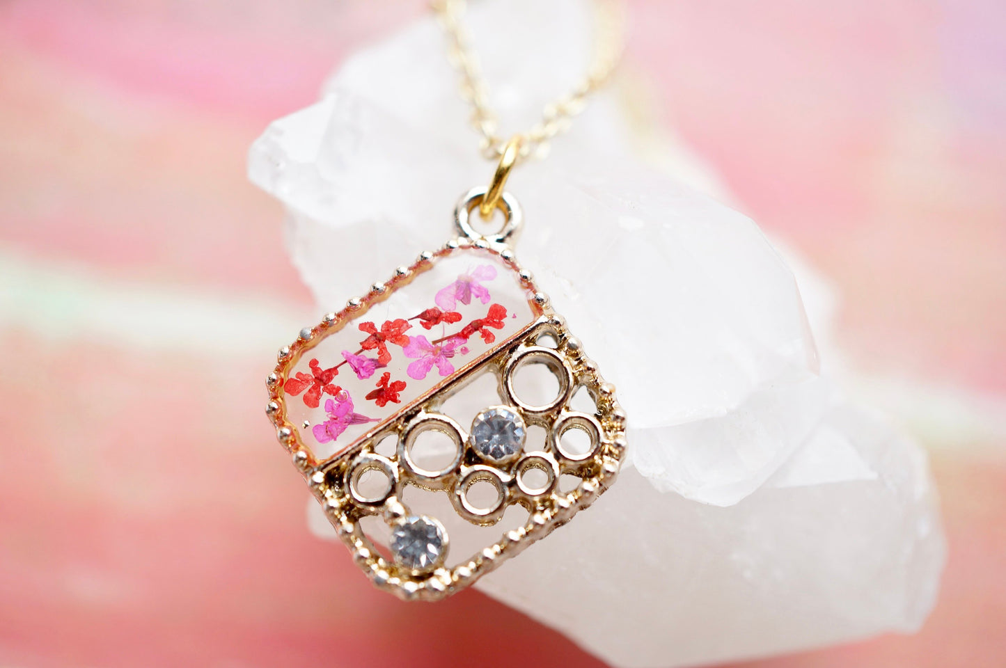 Real Pressed Flowers and Resin Gold Necklace, Diamond Crystals in Pink Red