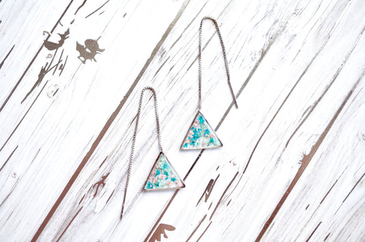 Real Pressed Flowers and Resin Threader Earrings, Silver Triangles in Mint Teal Light Pink