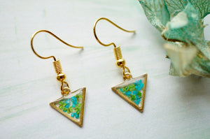 Real Pressed Flowers and Resin Drop Earrings, Gold Triangles in Teal Green