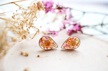 Real Pressed Flowers and Resin Stud Earrings, Silver Teardrops in Pink Orange Yellow