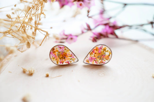 Real Pressed Flowers and Resin Stud Earrings, Silver Teardrops in Pink Orange Yellow