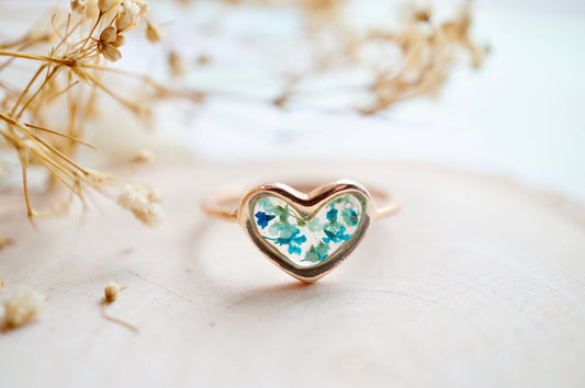 Real Pressed Flower and Resin Ring, Rose Gold Heart in Teal Mint