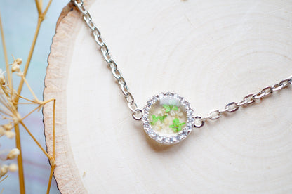 Real Pressed Flowers in Resin, Silver Circle Necklace in Green White, Crystals, Dried Flowers