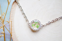 Real Pressed Flowers in Resin, Silver Circle Necklace in Green White, Crystals, Dried Flowers