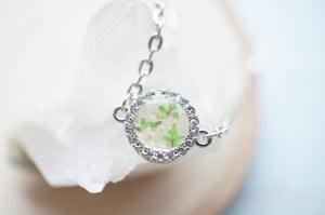 Real Pressed Flowers in Resin, Silver Circle Necklace in Green White, Crystals, Dried Flowers