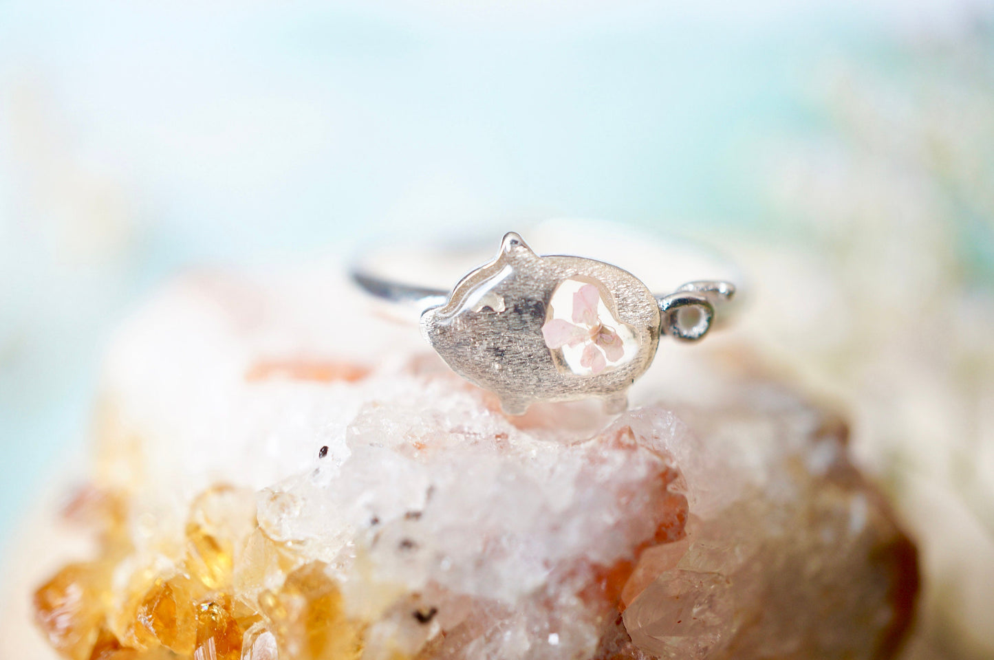 Real Pressed Flower and Resin Ring, Silver Pig in Light Pink