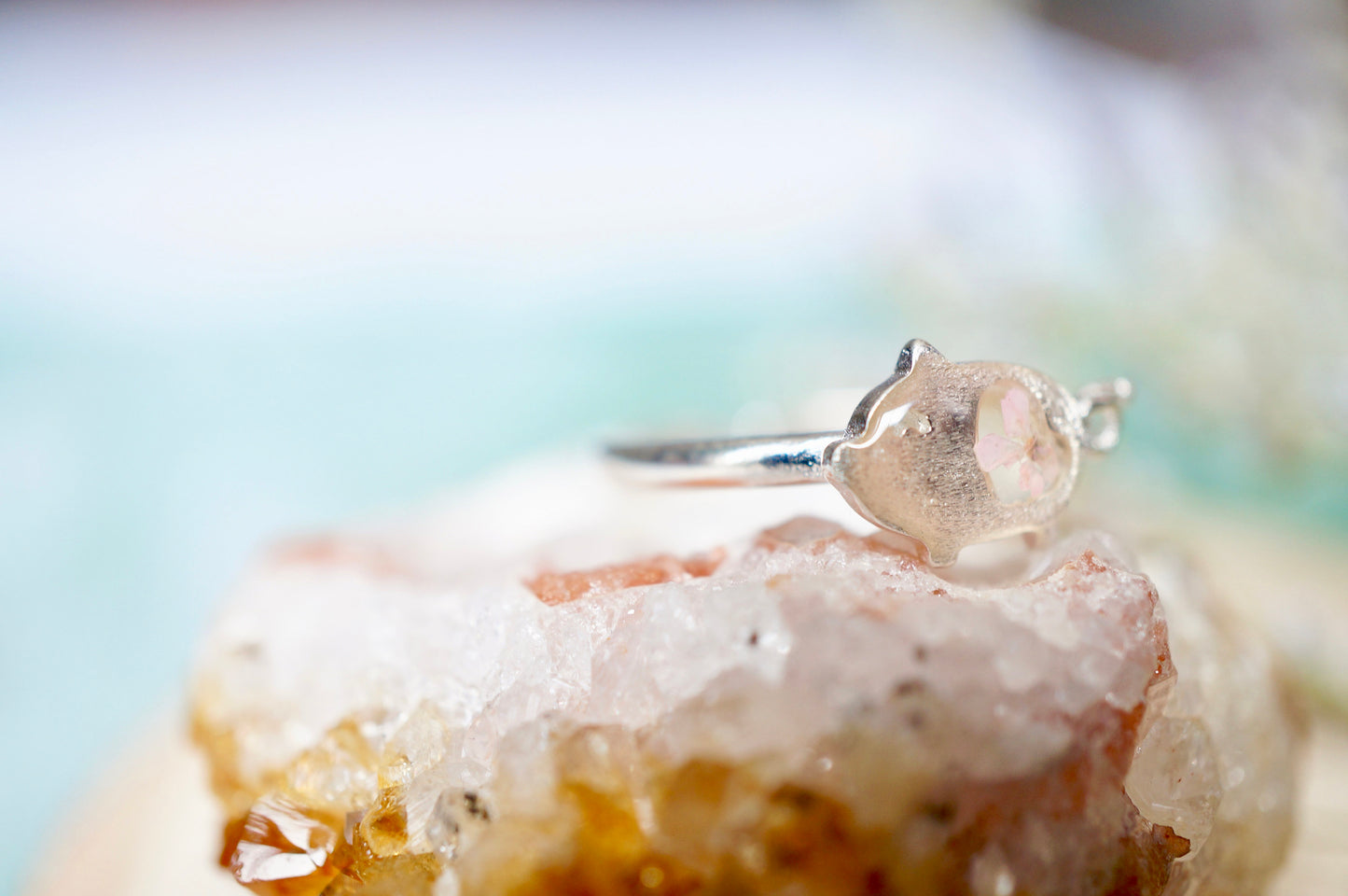 Real Pressed Flower and Resin Ring, Silver Pig in Light Pink