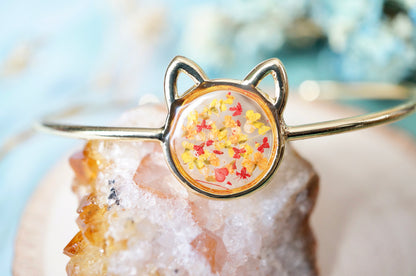 Real Pressed Flowers and Resin Bracelet, Gold Cat in Red Orange Yellow