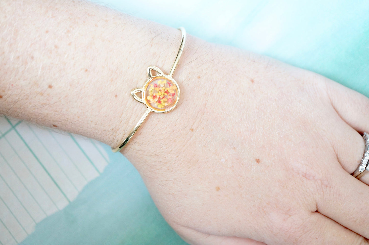 Real Pressed Flowers and Resin Bracelet, Gold Cat in Red Orange Yellow