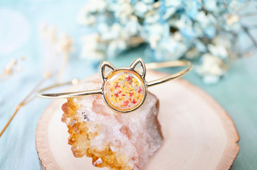 Real Pressed Flowers and Resin Bracelet, Gold Cat in Red Orange Yellow