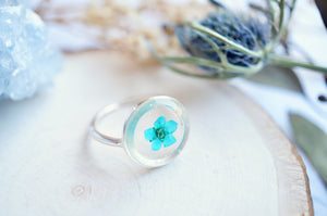 Real Pressed Flower and Resin Ring, Adjustable Silver Circle in Teal