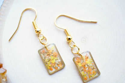 Real Dried Flowers and Resin Earrings, Gold Rectangle Drops in Orange Yellow White, Fall Jewelry, Autumn Jewelry