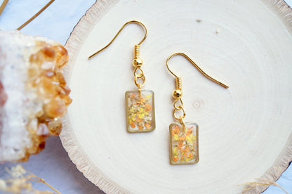 Real Dried Flowers and Resin Earrings, Gold Rectangle Drops in Orange Yellow White, Fall Jewelry, Autumn Jewelry