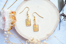 Real Dried Flowers and Resin Earrings, Gold Rectangle Drops in Orange Yellow White, Fall Jewelry, Autumn Jewelry