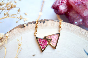 Real Pressed Flowers in Resin, Gold Triangles in Magenta and Light Pink