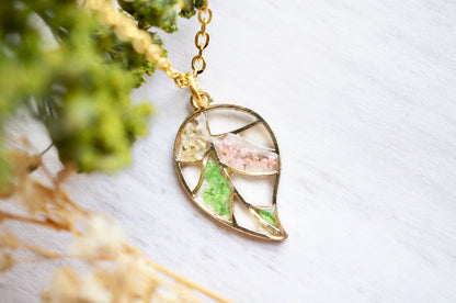 Real Pressed Flowers in Resin, Gold Necklace, Palm Leaf in Green White Light Pink