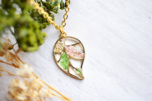 Real Pressed Flowers in Resin, Gold Necklace, Palm Leaf in Green White Light Pink