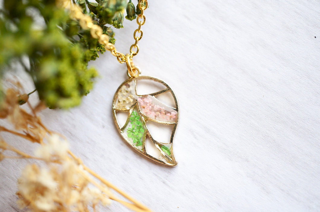 Real Pressed Flowers in Resin, Gold Necklace, Palm Leaf in Green White Light Pink
