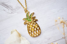 Real Pressed Flowers in Resin, Gold Pineapple Necklace in Yellow and Green